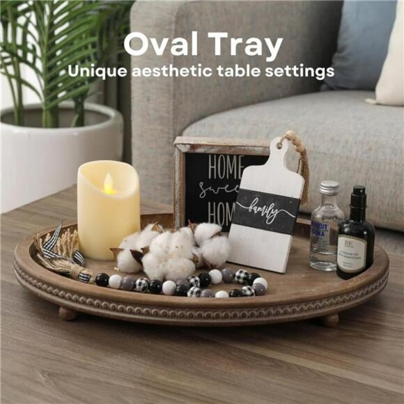 Rustic Oval Wooden Beaded Tray Coffee Table Decor Centerpiece Entryway - Picture 2 of 7